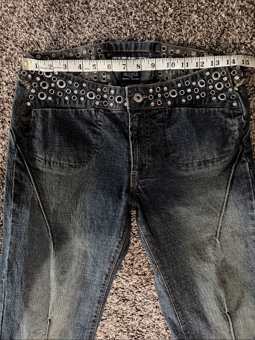 Bebe Washed Western Cowgirl Flare low rise Jeans with jewel Grommet corset Waist - Picture 6 of 9